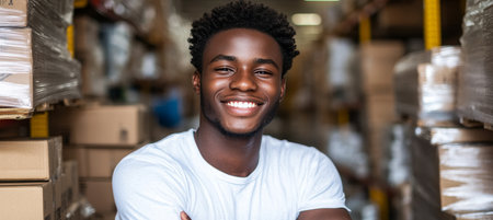 Portrait of a Smiling Young Black Man Working in a Warehouse with Boxes in the Backgroundの素材