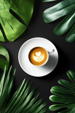 Cup of Coffee with Latte Art, Surrounded by Tropical Green Leaves on Black Background, Top Viewの素材