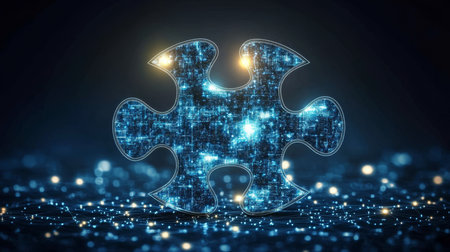 Glowing Puzzle Piece With Digital Circuit Board Texture on a Dark Background With Bokehの素材