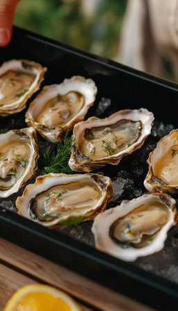 Freshly Opened Oysters Garnished with Herbs, Served on Ice. Gourmet Seafood Delicacy.の素材