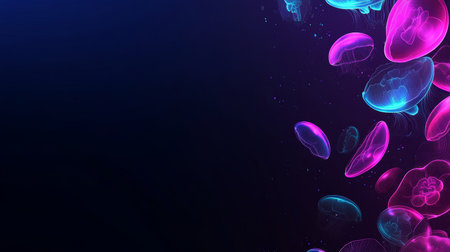 Glowing Jellyfish on a Dark Blue Background, Underwater Wildlife Scenery Digital Illustrationの素材
