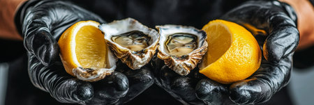 Close Up of Hands in Black Gloves Holding Fresh Oysters with Lemon Wedges, Seafood Indulgenceの素材