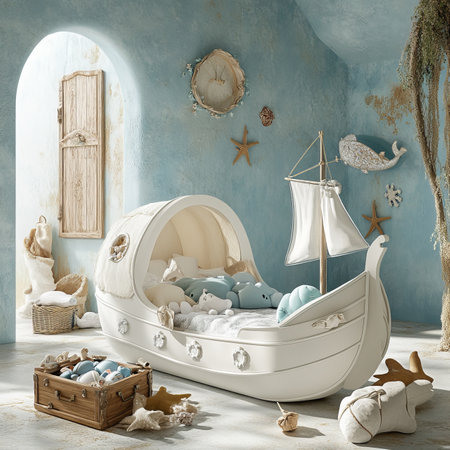 Playful Childrens Room Decor Marine Style,Boat Bed,Treasure Chest, Perfect for Dreams of Adventureの素材
