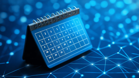 Blue Desk Calendar, Digital Global Network Background, Time Management, Planning, Scheduling Conceptの素材