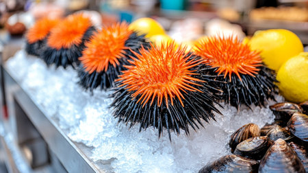 Fresh Sea Urchins for Sale A Vivid Display of Ocean Delicacies Displayed on Ice at a Marketの素材