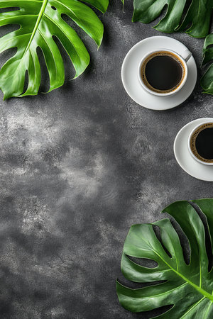 Minimalist Tropical Coffee Background With Monstera Leaves And Two Cups On Dark Textureの素材