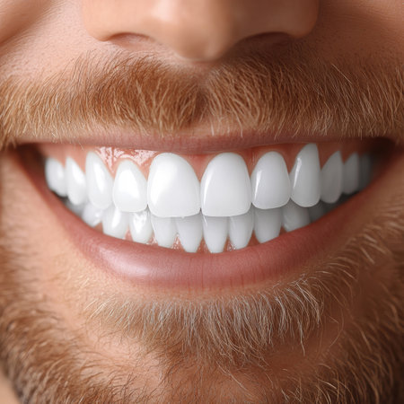 Close-up. Handsome Male Smile With Perfect White Teeth. Dental Photo. Stomatology. Dentistryの素材