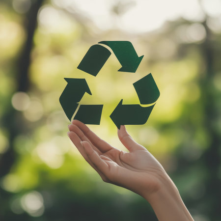 Hand Holding Recycle Symbol On Green Nature Background, Environmental Conservation Concept.の素材