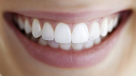 Close-up, Healthy Smile with Perfect White Teeth and Pink Lips Showing gums, Dental Care Concept.の素材