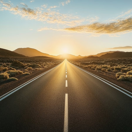 Empty Asphalt Road Through Desert Landscape Leading Towards Sunset, Concept for Journey, Adventureの素材