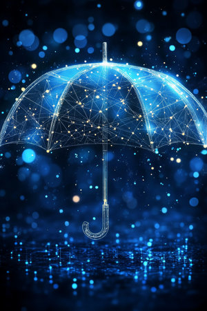 Blue Network Umbrella, Technology Cyber Security Concept, Digital Protection On Abstract Background.の素材