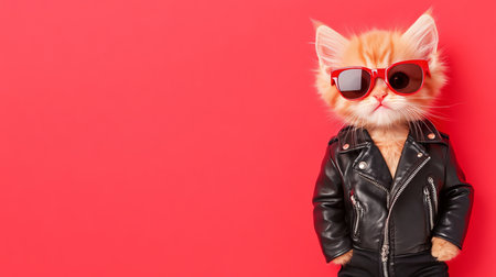 Stylish Kitten in Sunglasses and Leather Jacket Adorable Pet Portrait on Vibrant Red Background.の素材