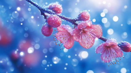 Pink Plum Blossoms,Branch,Rain Drops, Winter, Bokeh, Blue Background,Nature,Photographyの素材