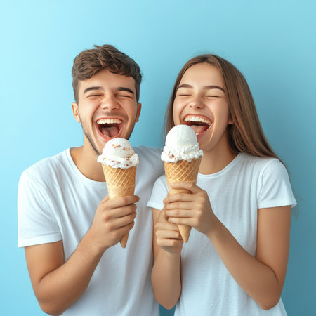 Happy, Young Couple Enjoying Delicious Ice Cream Cones, Isolated on a Vibrant Blue Backgroundの素材