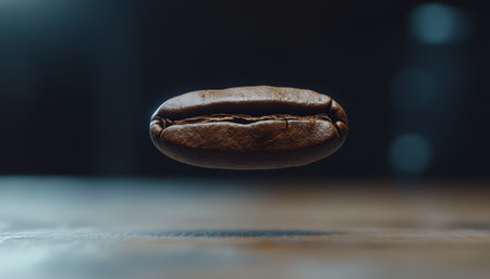 Single Roasted Coffee Bean Floating in Mid-Air, Isolated on a Blurred Background with Soft Lightingの素材