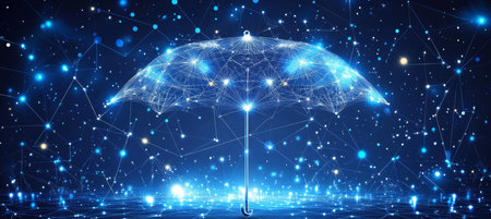 Cyber Security Umbrella Protecting Network Data With Glowing Particles On Blue Backgroundの素材