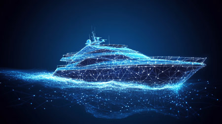 Futuristic Yacht, A Glowing Holographic Rendering Depicting Innovation in the Yachting Industry.の素材