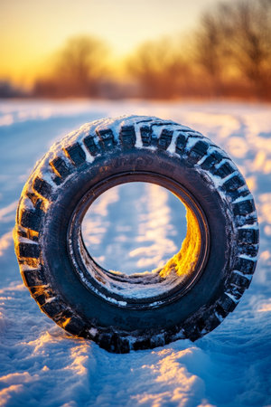 Closeup of Winter Tire with Sunlight Safe Driving During Snowy Season, Frozen, Wheel, Transport.の素材