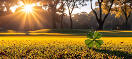 Four-leaf clover on a sunny golf course, peaceful nature with golden light and green grass.の素材