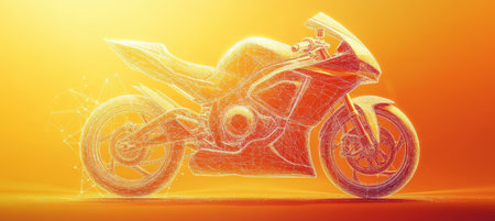 Abstract Wireframe Illustration of a High-Speed Motorcycle on a Vibrant Gradient Background.の素材