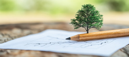 Miniature Tree Growing From Pencil On Chart, Symbolizing Sustainable Business And ESG Goals.の素材