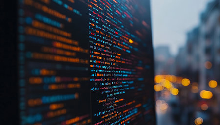 Abstract Technology Background, Lines of Colorful Programming Code on Screen, Selective Focusの素材