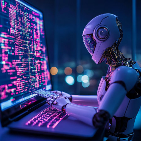 Advanced AI Robot Programming on Laptop in Futuristic Office Setting Embracing Technology Conceptsの素材