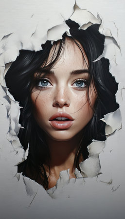 Woman with blue eyes emerges through torn paper, beauty, mystery, and intrigue concept.の素材