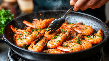 Close-up. Delicious Fried Prawns with Garlic, Parsley, and Lemon in a Hot Pan. Cooking Fresh Seafoodの素材