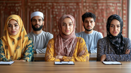 Diverse Group Of Five Muslim Students In Traditional Clothes Smiling At Camera In Classroom.の素材