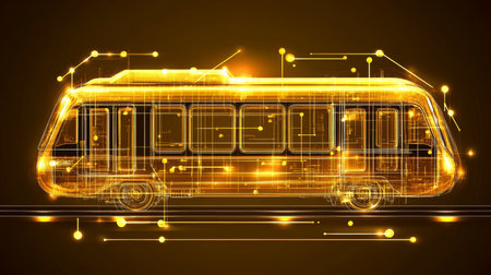 Abstract Subway Train with Connected Dots and Lines on Dark Background, Transportation Concept.の素材