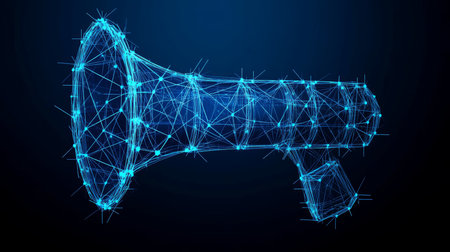 Abstract Digital Megaphone on Blue Background Communication, Announcement, and Technology Conceptの素材