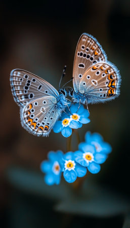 Two Gossamer-Winged Butterflies Embrace on Delicate Blue Flowers, an Image of Spring and Renewalの素材