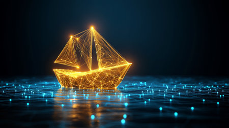 Abstract Golden Wireframe Ship Sailing on Futuristic Dark Blue Technology Background.の素材
