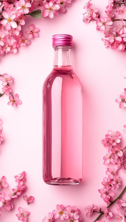 Pink Drink Bottle Mockup, Spring Floral Fragrance, Blossom Cosmetic Product on Pastel Backgroundの素材