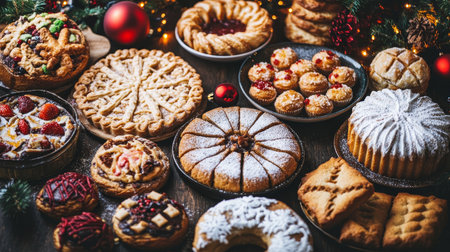 Christmas Holiday Festive Baking Scene, Variety of Sweet Cakes, Pies, Cookies, and Festive Treatsの素材