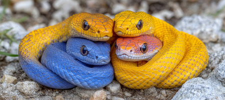 Four Colorful Snakes Intertwined, Symbolizing Unity and Celebration for Chinese New Year 2025の素材