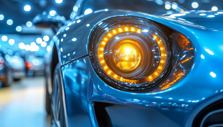 Sleek, Modern Car Headlight Shines in a Bright Showroom, Automotive Industry and Designの素材