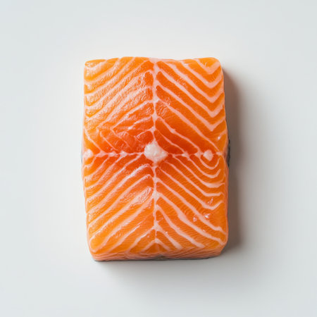 Fresh Salmon Fillet, Isolated Top View of a Raw Salmon Portion on a Clean White Backgroundの素材