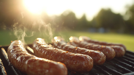 Grilled Sausages On BBQ Grill, Summer Outdoor Cooking, Delicious BBQ Food Backgroundの素材