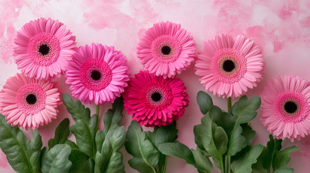Pink Gerbera Daisies on a Pink Textured Background, Vibrant Bouquet of Flowers in Bloom.の素材
