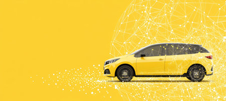 Yellow Generic Compact Hatchback Car, Side View, Connected to Digital Network on Yellow Backgroundの素材