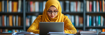 Focused Young Muslim Woman in Hijab Studying in Library with Laptop, Surrounded by Books.の素材