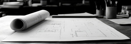 Black and White Architectural Drawing and Blueprints Rolled Up on Desk of an Architectの素材