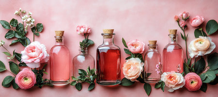 Pink and White Floral Composition Rose Water, Essential Oils, and Flowers on Light Backgroundの素材