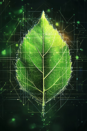 Green Technology Abstract Glowing Leaf on Digital Background, Sustainable Icon with Lines and Dotsの素材