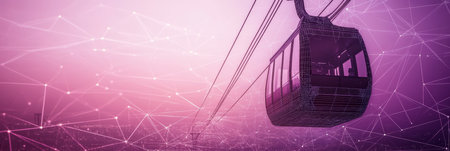 Wireframe of a Cable Car Against a Purple Cityscape and a Network Abstract Backgroundの素材