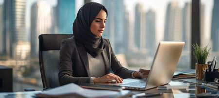 Empowered Muslim Businesswoman in Hijab Efficiently Works Online in Modern Office Buildingの素材