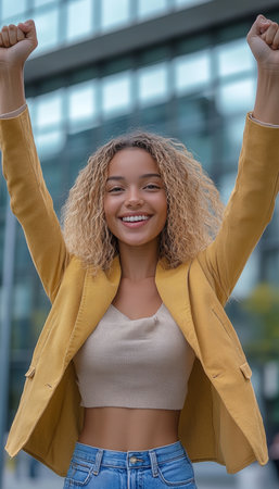 Happy, Successful Young Black Businesswoman Celebrates Corporate Achievement with Excitementの素材