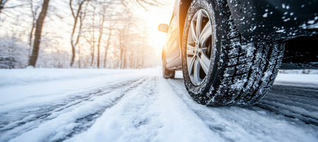 Close-Up Of Car Tire Driving On A Snowy Road During Winter, Safe Driving In Snowfall With Sunlightの素材